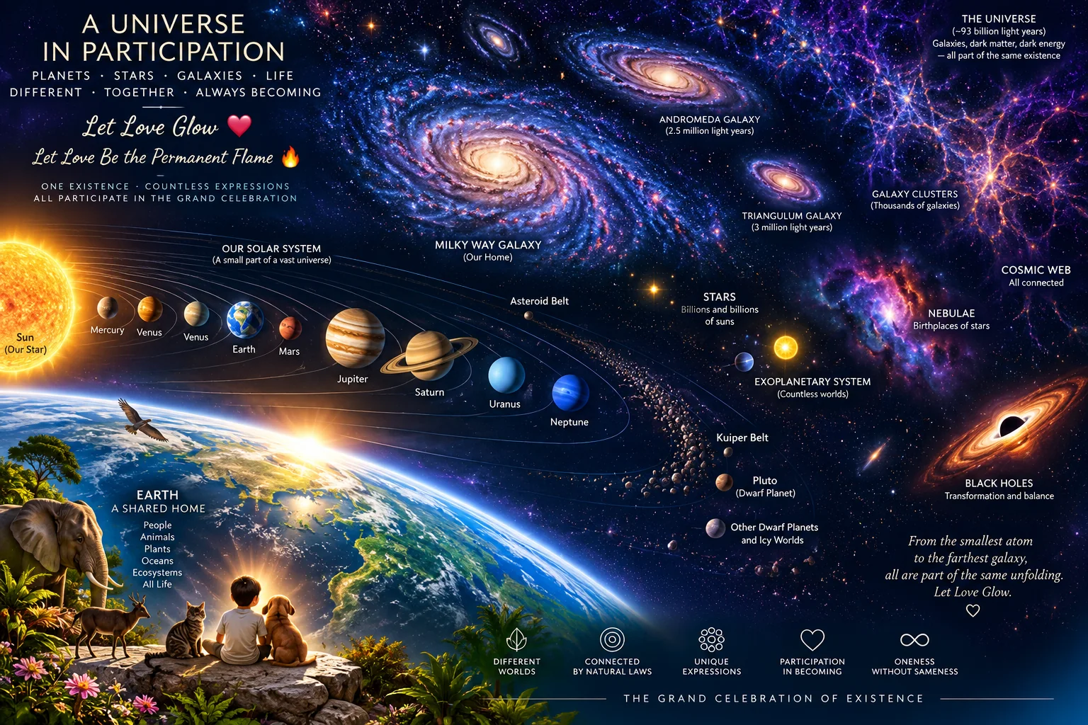 Artistic visualization moving from Earth and the Solar System toward galaxies and the cosmic web